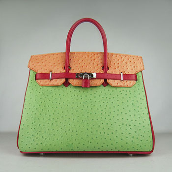 Hermes Birkin 35Cm Ostrich Stripe Handbags Red/Orange/Green Silv